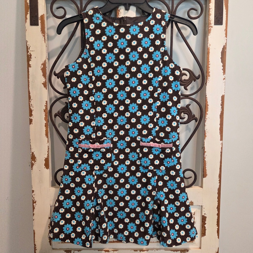 Vintage Mini Boden Girls 9 10 Y2K Mod Retro Floral Corduroy Shift Dress Brown